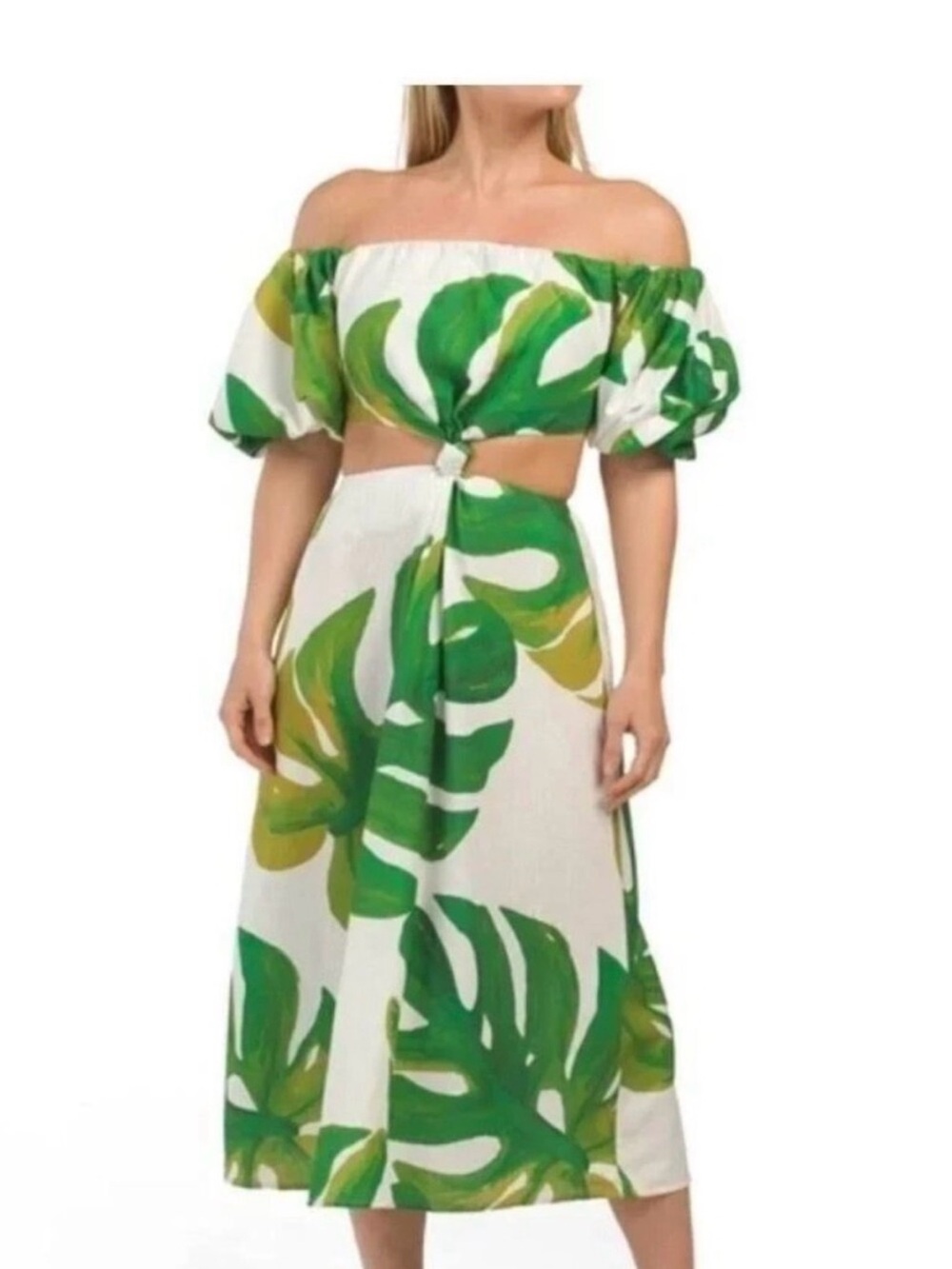 FARM Rio White Midi Dress with Green Tropical Leaf Print